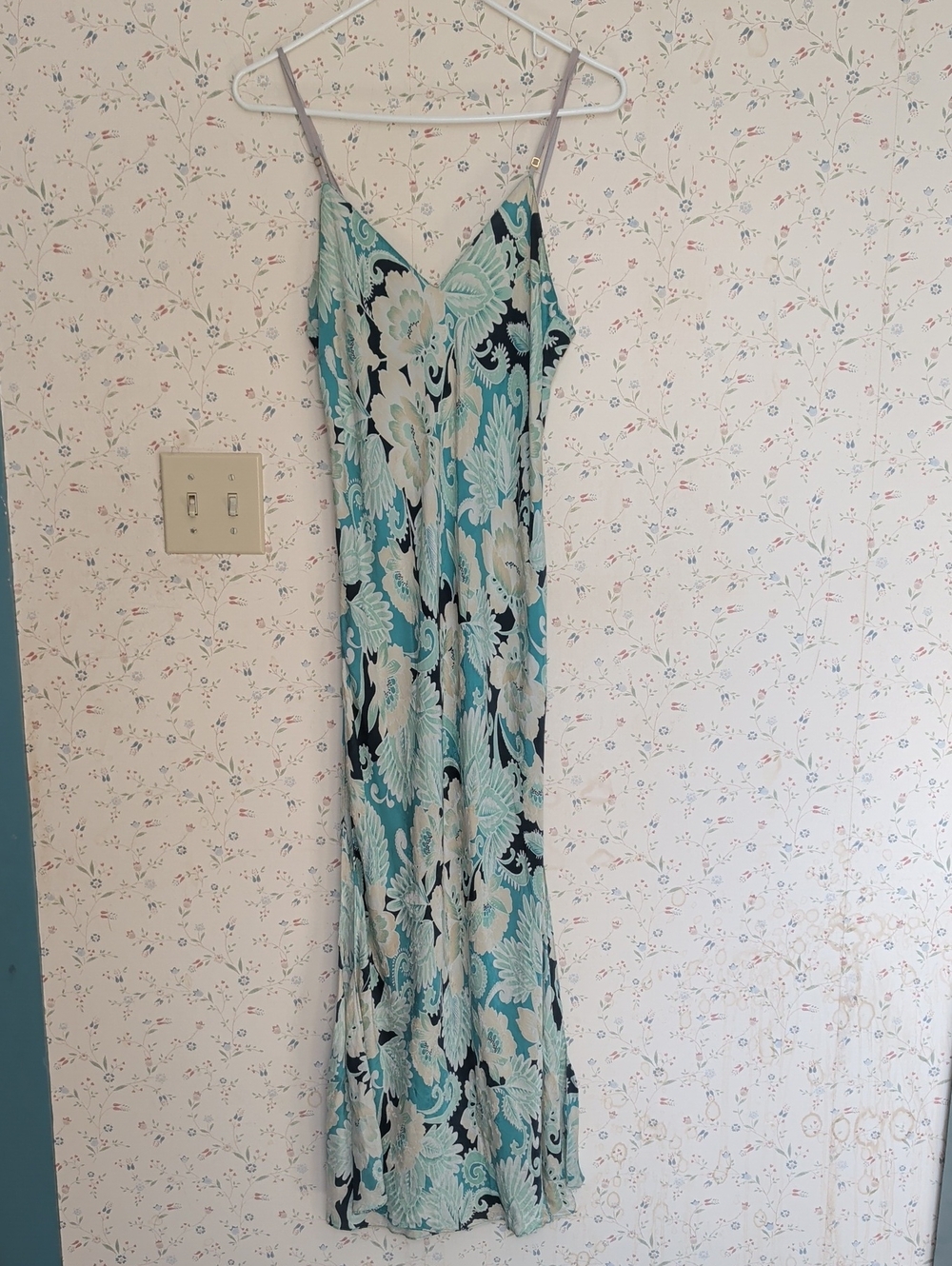 August Silk Intimates Floral Maxi Slip Dress Teal Cream M Adjustable Straps Chic
